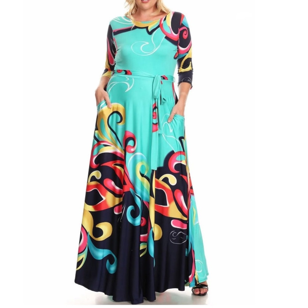 Plus Size Boho Scrolls Fit & Flare Maxi Dress - Picture 1 of 4